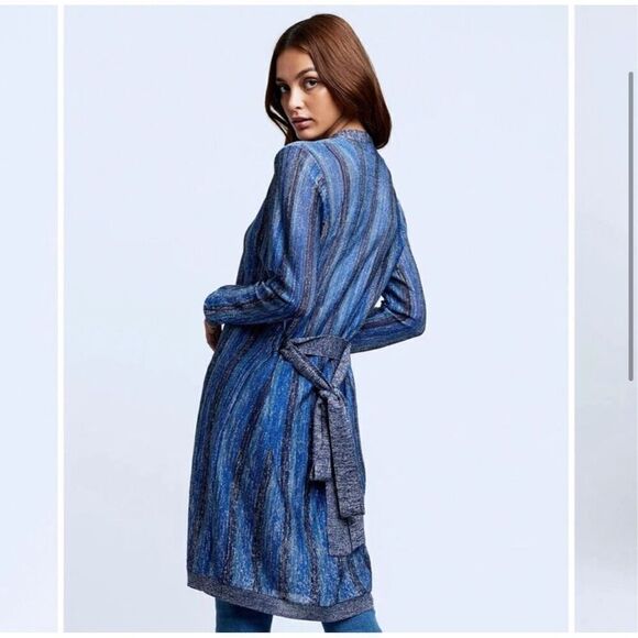 NWT L'Agence Knit Striped Tie Waist Berkeley Wrap Cardigan Blue Metallic Size XS - Picture 2 of 12